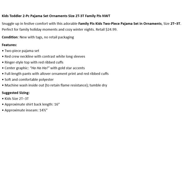 Kids Toddler 2-Pc Pajama Set Ornaments Size 2T-3T Family PJs NWT - Picture 2 of 6